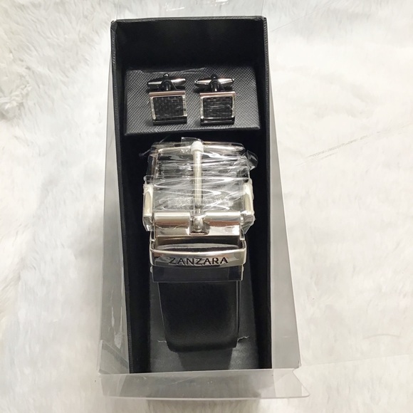 Zanzara Men’s Leather Belt & Cuff Links Set - Picture 2 of 4